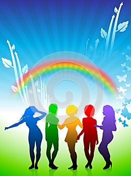 young women dancing on rainbow background