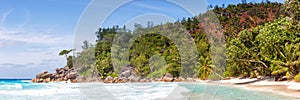 Seychelles Anse Georgette beach on Praslin island palm panorama panoramic view vacation sea