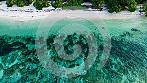 Seychelles Islands, drone view, aerial landscape of clear blue waters