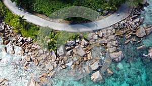 Seychelles Islands, drone view, aerial landscape of clear blue waters