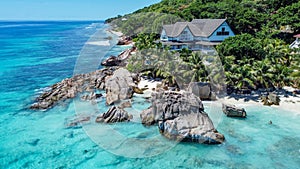 Seychelles Islands, drone view, aerial landscape of clear blue waters