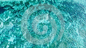 Seychelles Islands, drone view, aerial landscape of clear blue waters and patterns
