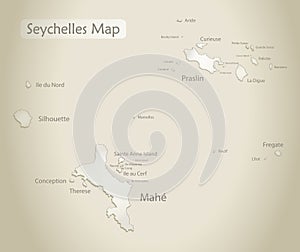 Seychelles map, islands with names, old paper background