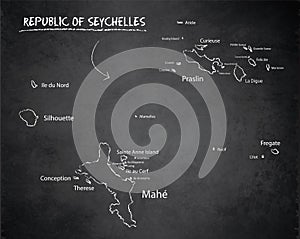 Seychelles map with names of Seychelles islands,  design card blackboard chalkboard