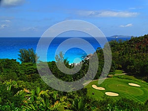 Seychelles,  Praslin Island, Anse Georgette beach next to a golf course