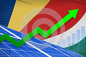 Seychelles solar energy power rising chart, arrow up - renewable natural energy industrial illustration. 3D Illustration