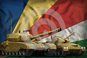 Seychelles tank forces concept on the national flag background. 3d Illustration