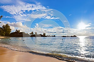 Seychelles tropical beach at sunset