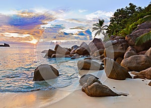 Seychelles tropical beach at sunset