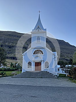 Seydisfjordur church in East Iceland in summer