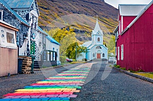 SEYDISFJORDUR, ICELAND, JULY 26, 2018: Empty street of Seydisfjordur town. Colorful morning scene of East Iceland, Europe