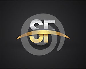 SF initial logo company name colored gold and silver swoosh design. vector logo for business and company identity