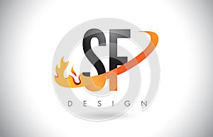 SF S F Letter Logo with Fire Flames Design and Orange Swoosh.