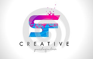 SF S F Letter Logo with Shattered Broken Blue Pink Texture Design Vector.