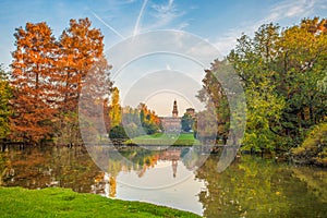 Sforza Castle Castello Sforzesco, view from Parco Sempione, Sempione Park, in Milan, Italy. photo