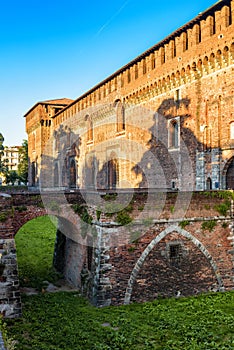 Sforza Castle with moat and bridge, Milan, Italy