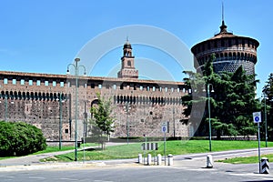 Sforza Castle, view from the outside to the fortress walls with a tower