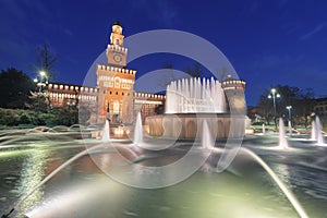 Sforzesco Castle and fountain in Milan, Italy