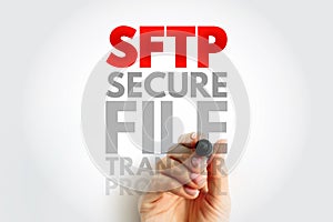 SFTP Secure File Transfer Protocol text on background. Concept for encrypted communication, safe data sharing, secure server