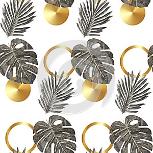 Luxury gold and black tropical plant seamless background vector. Floral pattern with golden tropical palm, monstera leaf, exotic