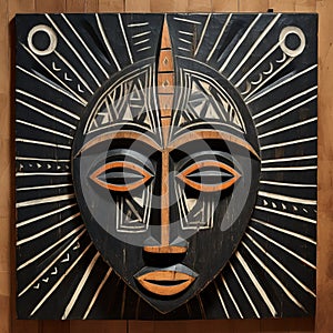 Sgraffito Artwork Inspired By Ugandan Wooden Mask On Linen photo