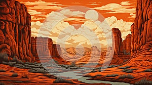 Sgraffito Canyon: A Vibrant Illustration Of Desert, Rocks, Sun, And Stream