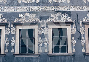 Sgraffito wall decor at front of historical building.Banska Stiavnica,Slovakia.