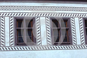 Sgraffito wall decor at front of historical building.Banska Stiavnica,Slovakia.