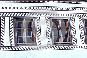 Sgraffito wall decor at front of historical building.Banska Stiavnica,Slovakia.