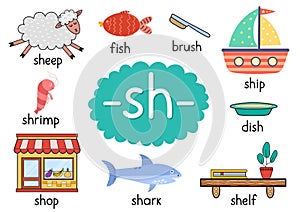 Sh digraph with words educational poster for kids. Learning phonics for school and preschool