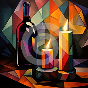 Shabbat evening, two candles, bottle of wine, Traditional Jewish religious Shabbat shalom ritual