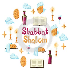 Shabbat Shalom background with religious objects. Background with Jewish symbols. Judaism concept illustration.