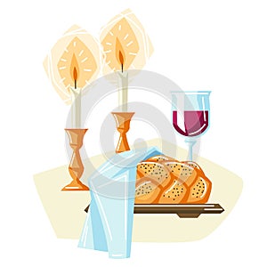 Shabbat Shalom background with religious objects. Background with Jewish symbols. Judaism concept illustration.