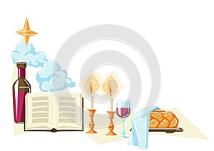 Shabbat Shalom background with religious objects. Background with Jewish symbols. Judaism concept illustration.