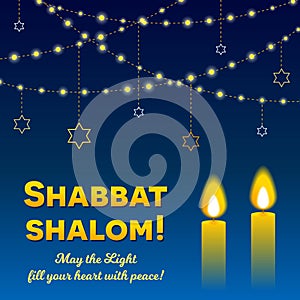 Shabbat shalom candles greeting card lettering and strings of lights in dark night sky