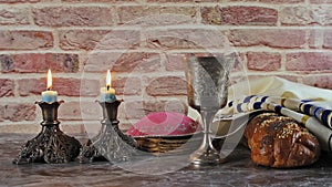 It is Shabbat Shalom culture traditional symbol of the religious holiday of Saturday challah bread wine candles on the