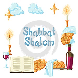 Shabbat Shalom frame with religious objects. Background with Jewish symbols. Judaism concept illustration.