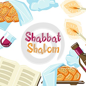 Shabbat Shalom frame with religious objects. Background with Jewish symbols. Judaism concept illustration.