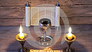 Shabbat Shalom Traditional Jewish Sabbath ritual matzot bread, wine