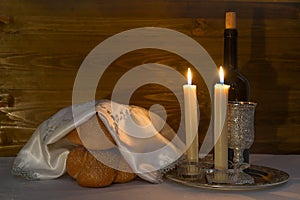 Shabbat Shalom - wine, challah and candles