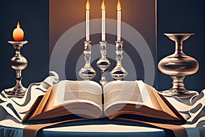 Shabbos table setting, thick closed Leather book on shabbos table with white tableloth, 2 silver candlestick in dark navy room,