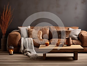 Shabby brown leather sofa with fur cushions. Interior design of modern living room