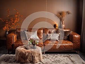 Shabby brown leather sofa with fur cushions. Interior design of modern living room