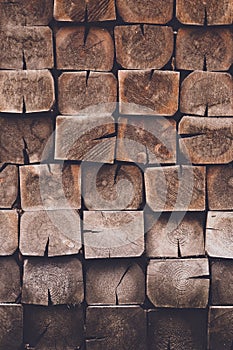 Shabby brown wooden background. Close-up of oak texture. Abstract pattern with dark square planks. Hardwood, pine wood - material,