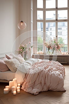 Shabby chic bedroom interior, empty vintage room with elegant retro furniture