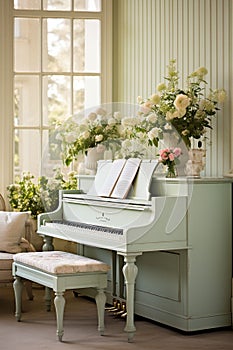 Shabby chic bedroom interior, empty vintage room with elegant retro furniture