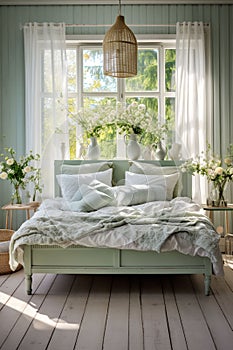 Shabby chic bedroom interior, empty vintage room with elegant retro furniture