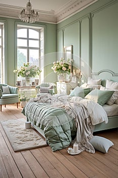 Shabby chic bedroom interior, empty vintage room with elegant retro furniture