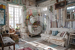 A shabby chic interior design of an artist's studio, featuring distressed wooden floors. Ai generated