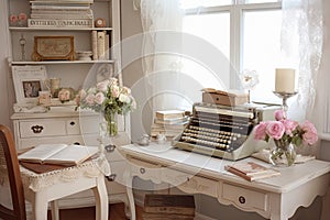 shabby chic office with vintage typewriter, old books, and floral touches